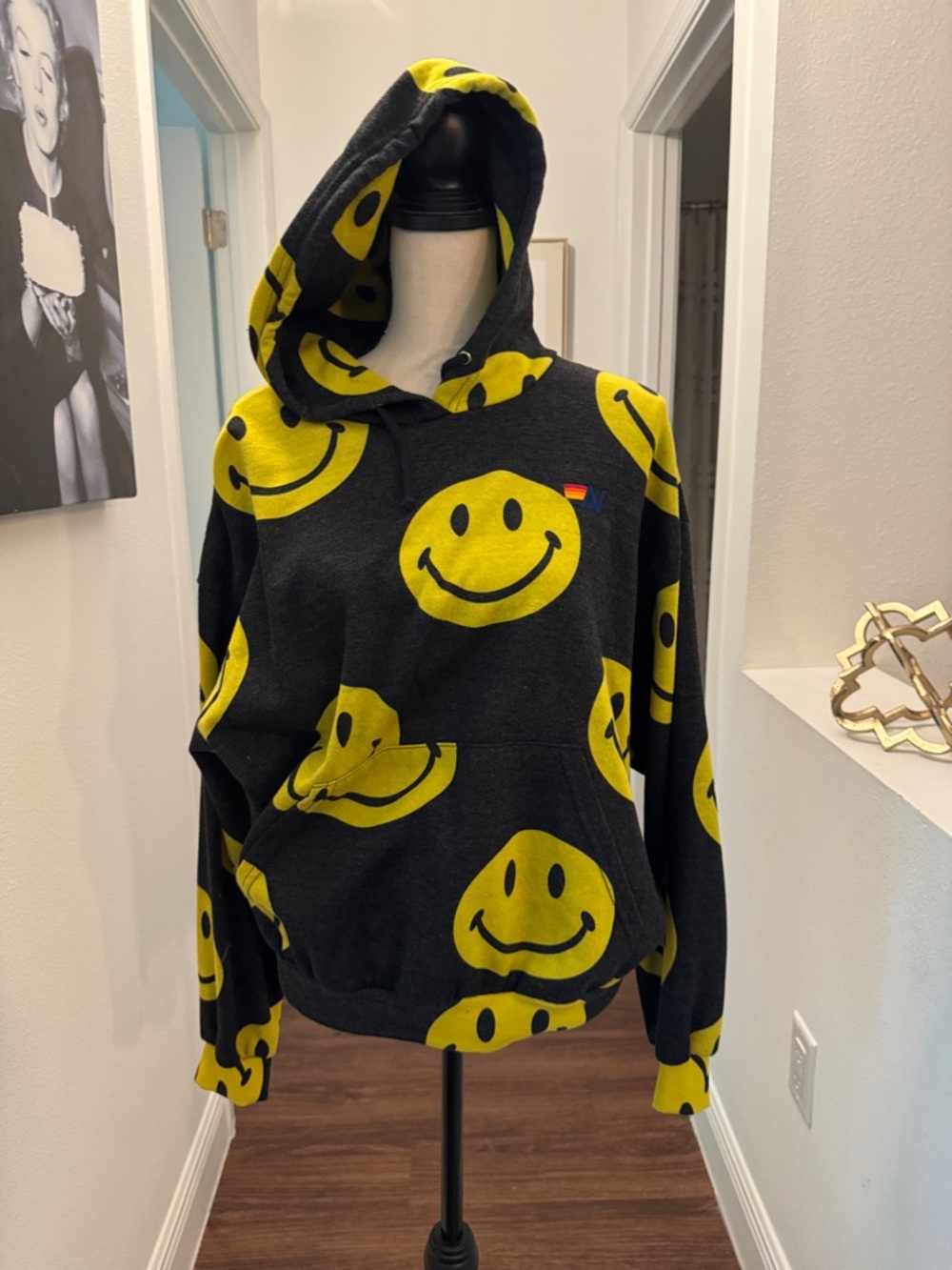 Aviator Nation Black Hoodie with Yellow Smiley Print